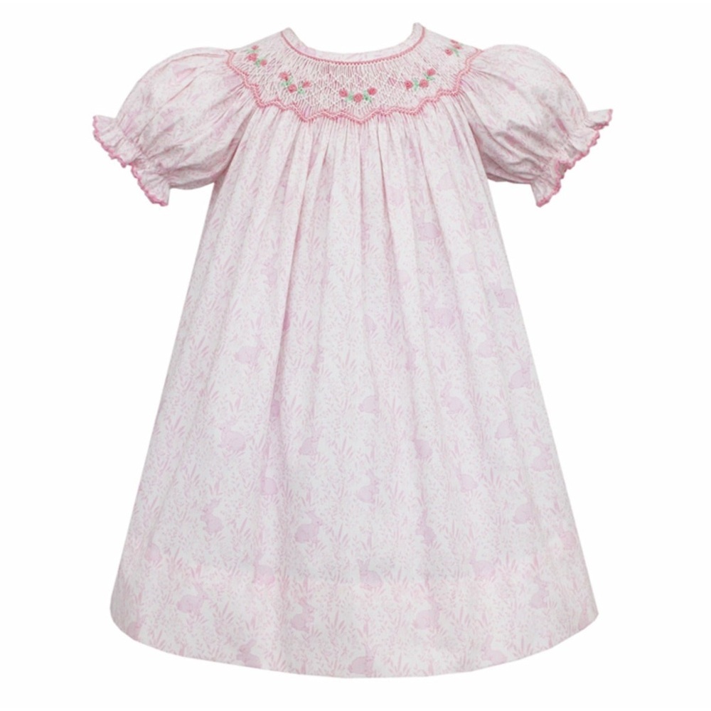 Petit Bebe Bunny Print Bishop Smocked Dress Newborn Easter Dress with Roses
